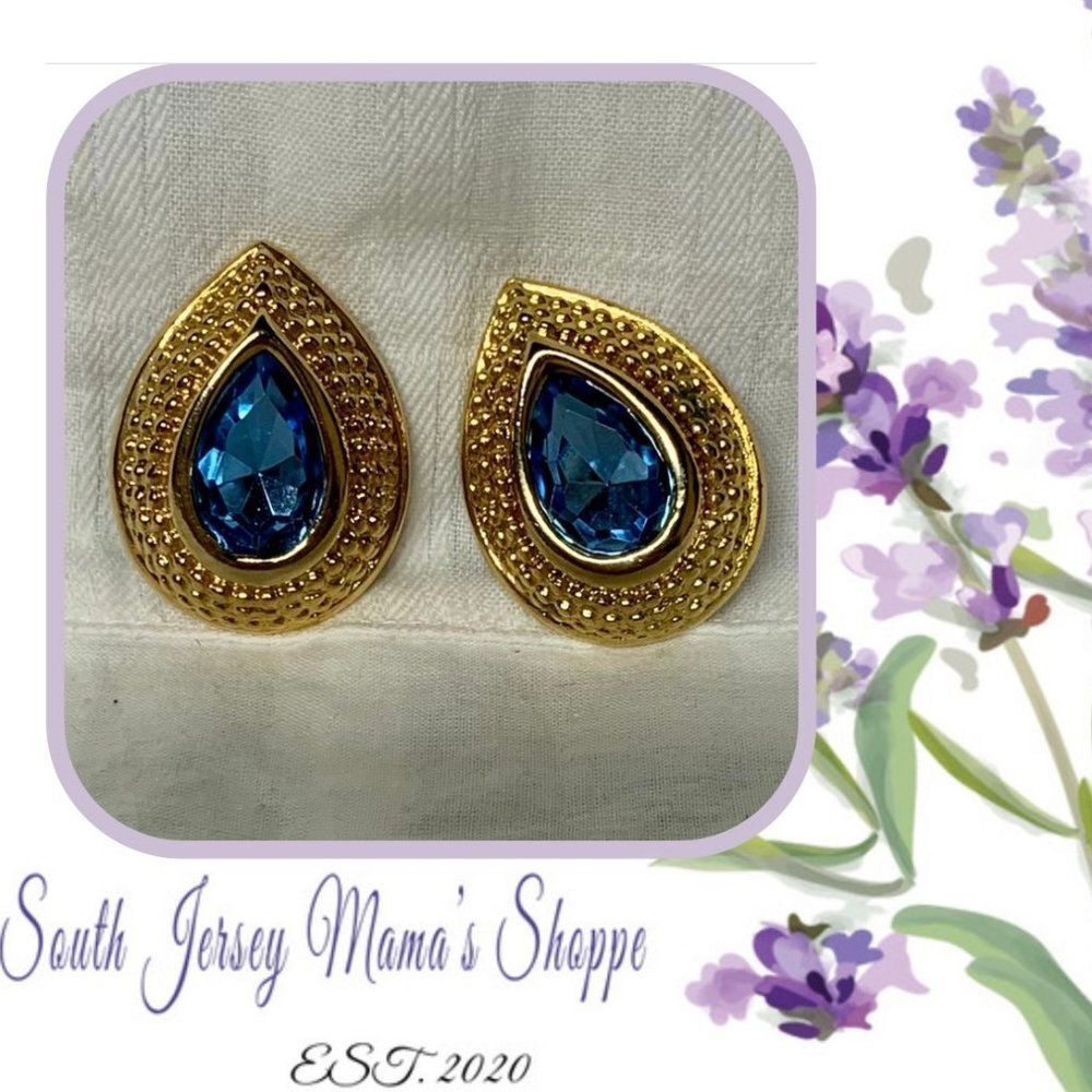 Vintage 1980s Clip Earring Gold & Blue Faceted Glass Tear Drop (213)